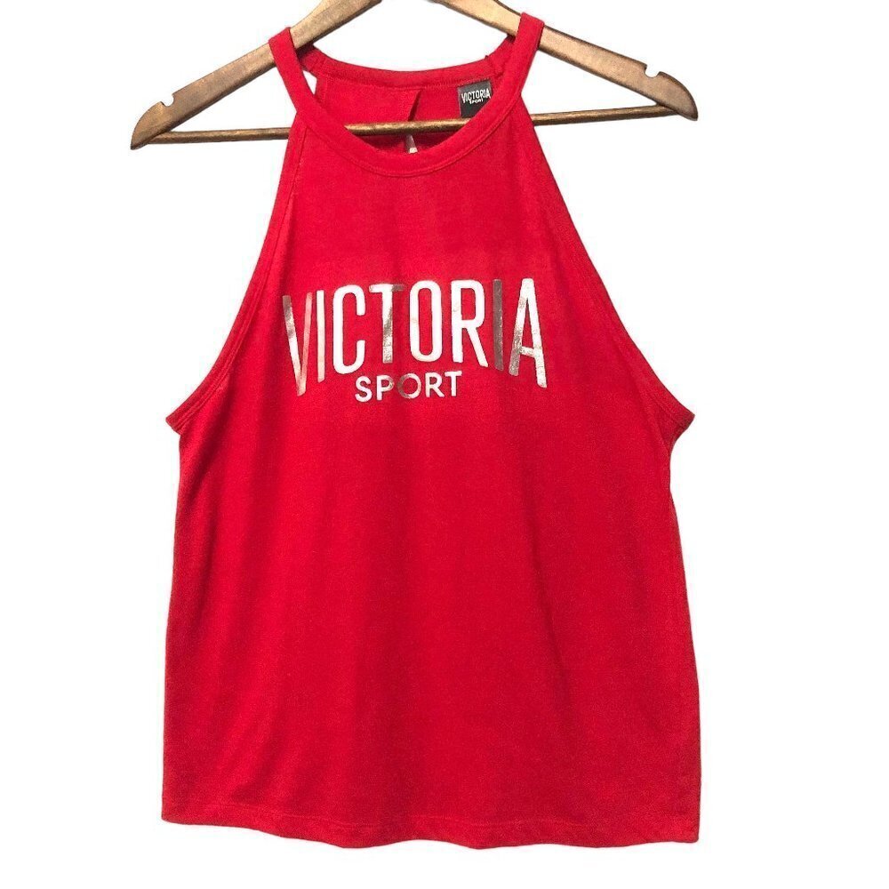 Victoria's Secret Sport Tank Top Size Medium Red with Silver Logo Open Back EUC